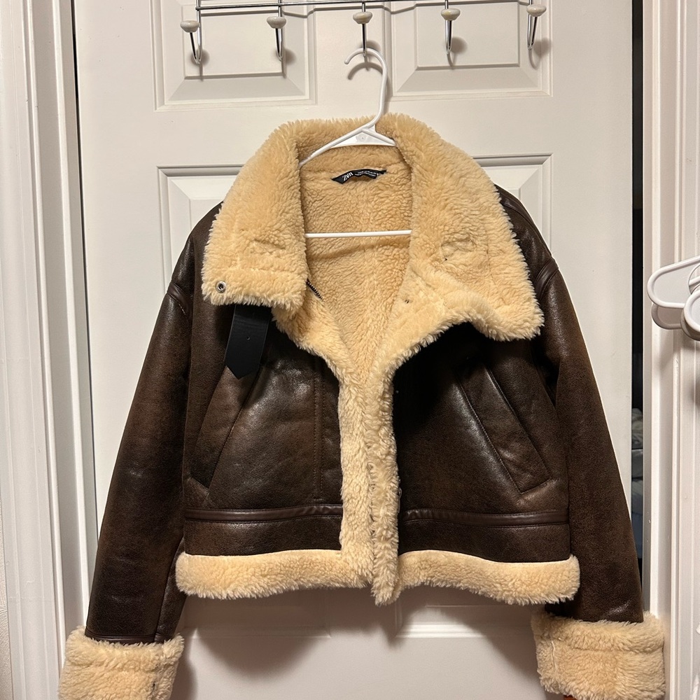 Women’s Brown Faux Shearling Aviator Jacket with Cream Trim
